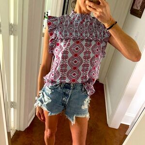 THML sleeveless ruffled smocked blouse